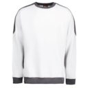 Hvid sweatshirt med grå manchetter og grå detaljer langs skulderpartiet, hænger frit mod en hvid baggrund.