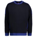 Sort sweatshirt med blå krave, ærmekanter og underkant, hænger mod en hvid baggrund.
