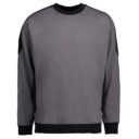 Grå sweatshirt med sorte manchetter og sorte detaljer langs ærmerne, præsenteret på hvid baggrund.