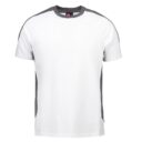 Hvid T-shirt med korte ærmer, grå krave og grå paneler langs siderne og skuldrene; hængende i et neutralt lysrum.