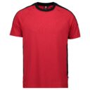 Rød T-shirt med sorte striber langs skuldre og sider hænger på en neutral baggrund. Tekst: "ID PRO Wear" på indersiden af kraven.
