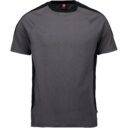 Grå T-shirt med sorte sidepaneler og korte ærmer placeret på en hvid baggrund. Tekst på mærket: "ID PRO WEAR".