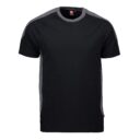 Sort t-shirt med grå ærmer og sider, hængende frit mod en hvid baggrund. Et rødt mærke med "ID" er synligt indeni kraven.