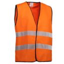 En orange refleksvest med sorte kanter og to grå refleksstriber på tværs hænger frit mod en hvid baggrund.
