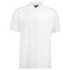 En hvid polo-shirt med korte ærmer ses forfra, hængende mod en hvid baggrund. Tekst på indvendig mærke: “IQ”.