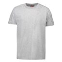 Grå T-shirt af bomuld, hænger på en usynlig bøjle, set forfra med en sort og rød tag ved halslinjen mærket "ID".