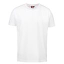 En hvid T-shirt hænger statisk mod en hvid baggrund. T-shirten har en sort mærkat med "ID" på indersiden af kraven.