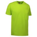 En neongrøn T-shirt hænger frit uden baggrund. T-shirten har en rund halsudskæring og korte ærmer. Indvendigt ses et label med teksten "ID".