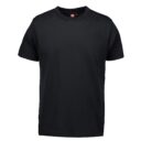 Sort t-shirt hænger fladt mod en hvid baggrund. Den har korte ærmer, rund hals og mærket "ID" på indersiden af kraven.