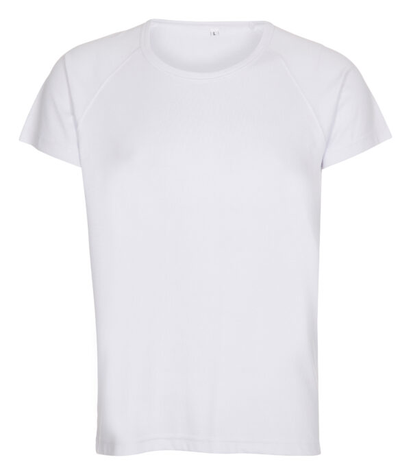 Uni Sport 1 Hvid T-shirt hænger uden synligt motiv eller design. Den er uden ærmer og placeret mod en neutral baggrund. Ingen tekst er til stede.