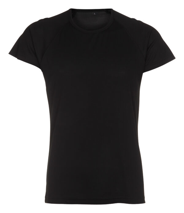 Uni Sport 2 Sort t-shirt uden print hængende mod en hvid baggrund.