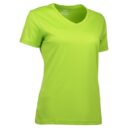 En neongrøn T-shirt med v-hals og korte ærmer, hænger afslappet på en usynlig mannequin, mod en hvid baggrund. Tekst inden i nakken: "XFS" og "AWAKE SPORTS DRI".