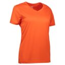 Orange kortærmet t-shirt med v-udskæring placeret mod en hvid baggrund. Tekst på indersiden af kraven: "YES 100%".
