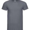 En ensfarvet grå T-shirt hænger mod en hvid baggrund. Den har korte ærmer og en rund halsudskæring.