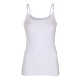 Hvid tanktop med spaghetti-stropper hænger mod en hvid baggrund.