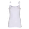 Hvid tanktop med spaghetti-stropper hænger mod en hvid baggrund.