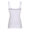 Hvid tanktop med tynde stropper, hænger frit i et neutralt, hvidt baggrundsmiljø.