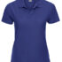 Blå, kortærmet polo shirt med krave og tre knapper på fronten. Logoen "R" og "Russell" er synlig på indersiden af nakken.