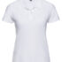 En hvid poloshirt med korte ærmer og krave vises forfra i et rent og neutralt studieomgivelser. Labels: 'R' og 'Russell'.