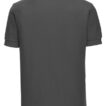 En mørkegrå T-shirt med korte ærmer og krave, set bagfra. Ingen tekst eller logoer er synlige på trøjen. Trøjen er simpel og ensfarvet.