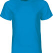En blå T-shirt hænger frit, uden synlige folder eller bevægelser, mod en hvid baggrund. Teksten på indersiden af kraven lyder: "Neutral."