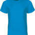 En blå T-shirt hænger frit, uden synlige folder eller bevægelser, mod en hvid baggrund. Teksten på indersiden af kraven lyder: "Neutral."