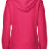 En pink hættetrøje set bagfra hænger i en neutral, lys opstilling. Trøjen har en hoodie og lange ærmer uden synlige mønstre eller tryk.