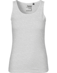 Lys grå tanktop på en hvid baggrund. Tekst på indersiden: "Neutral® - Fairtrade Cotton - 100% Organic Fairtrade Cotton - Made in India - S".