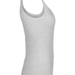 Grå tanktop, set fra siden, uden ærmer, placeret mod en hvid baggrund.