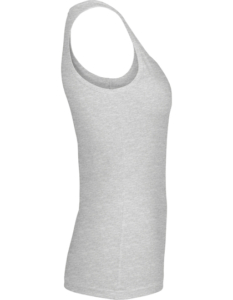 Grå tanktop, set fra siden, uden ærmer, placeret mod en hvid baggrund.
