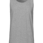 Grå tanktop hænger fladt uden ærmer i et neutralt studie. Tekst på toppen: "Neutral®", "Responsibly Manufactured, 100% Organic FairTrade Cotton."
