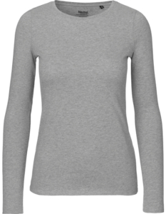 Grå langærmet T-shirt på en hvid baggrund. Tekst på mærket: "Neutral®".