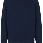 Mørkeblå sweatshirt med lange ærmer og rund hals. Tekst på indersiden af kraven siger "Neutral". Ingen mønstre eller andre detaljer. Baggrund er hvid og almindelig.