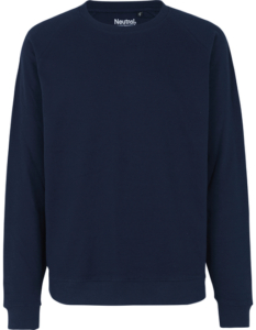 Mørkeblå sweatshirt med lange ærmer og rund hals. Tekst på indersiden af kraven siger "Neutral". Ingen mønstre eller andre detaljer. Baggrund er hvid og almindelig.