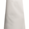 Hvidt forklæde med en brystlomme, hænger for sig selv mod en hvid baggrund.
