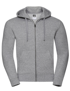 Grå hættetrøje med lynlås og træksnore, visende fra forsiden med mærket "R Printwear" på etiket. Enkel, klassisk design.