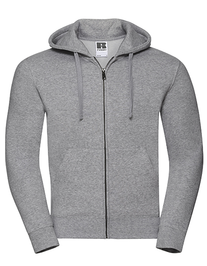Grå hættetrøje med lynlås og træksnore, visende fra forsiden med mærket "R Printwear" på etiket. Enkel, klassisk design.