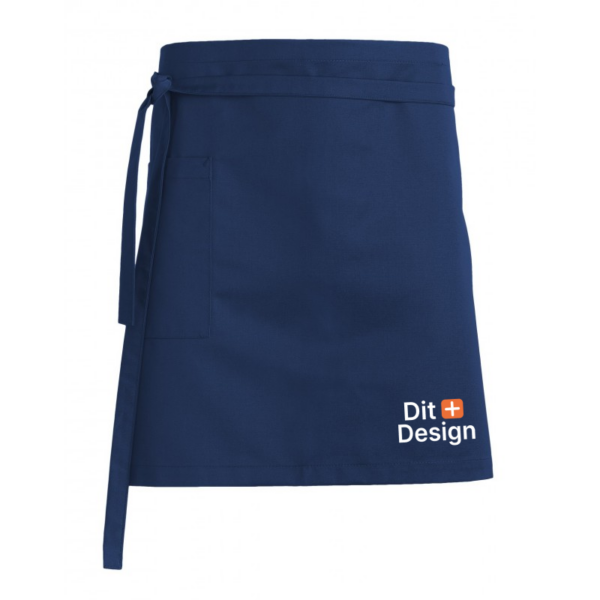Mørkeblåt forklæde, der hænger frit med en bindesnor til venstre. Tekst på forklædet: "pix Design". Baggrunden er hvid og enkel.