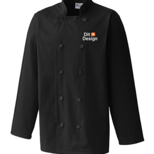 Sort kokkejakke med to rækker knapper. Der er et logo på brystet med teksten "Chef Works" og en orange stjerne. Baggrunden er hvid, og jakken er hovedfokus.