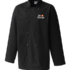 Sort kokkejakke med to rækker knapper. Der er et logo på brystet med teksten "Chef Works" og en orange stjerne. Baggrunden er hvid, og jakken er hovedfokus.
