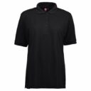 Sort polo T-shirt med kort ærme, stående på en hvid baggrund. T-shirten har en krave og tre knapper foran.