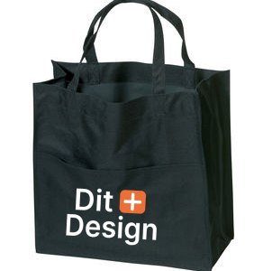 Sort stofpose med teksten "Dit Design" på forsiden, står oprejst med to hanke, passende til indkøb, i en neutral baggrund.