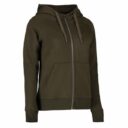 En mørkegrøn hættetrøje med lynlås, lommer foran og justerbare snore i hætten, vist mod en hvid baggrund.