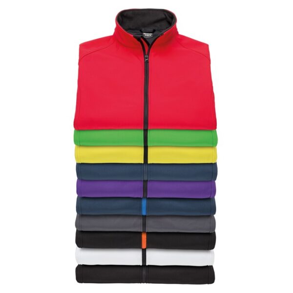Klassisk herresoftshell alle farver Veste i forskellige farver, stakket lodret, hvor den øverste er rød, efterfulgt af grøn, gul, blå, lilla, mørkeblå, grå, sort med orange lynlås, sort og hvid.