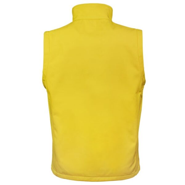 Klassisk herresoftshell vest gul vest En gul vest uden ærmer vises bagfra, med et høj krave og ingen synlige detaljer, mod en hvid baggrund.