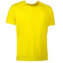 En gul kortærmet t-shirt står mod en hvid baggrund. Nederst til venstre på trøjen står teksten "ERISER".