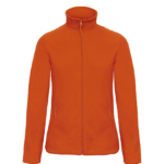 Orange jakke hænger i luften mod en hvid baggrund. Jakken har en lynlås foran og to lommer med lynlåse.