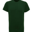 En mørkegrøn T-shirt, der hænger frit og afbildes mod en hvid baggrund.