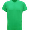 En grøn t-shirt uden tekst eller logo, set forfra, hænger mod en hvid baggrund.