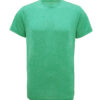 En simpel, grøn T-shirt med korte ærmer og rund hals, hænger i en isoleret, hvid baggrund.